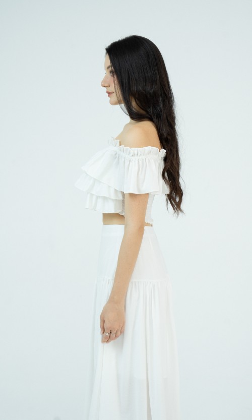G-White Woven Top and Skirt Set